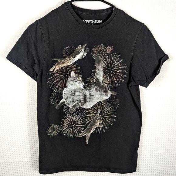 Fifth Sun Other - Fifth Sun Small Cat Fireworks Graphic Tee Black 100% Cotton Funny Novelty Shirt